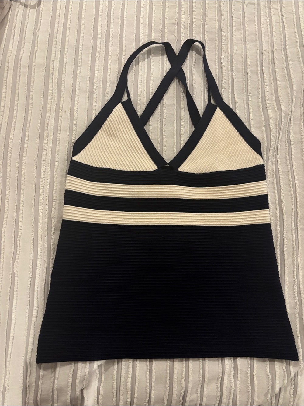 Oscar de la Renta Black and Cream Ribbed Crossback Tank Top